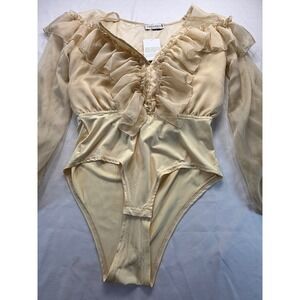 Glamaker Womens Ruffle V-Neck Long Sleeve Bodysuit Beige Champagne Large NWT